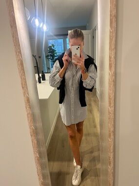 Express Striped Button-Down Shirtdress – Black & White